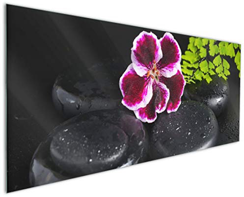Wallario Küchenrückwand aus Glas 125 x 50 cm, Motiv: Geranienblüte auf schwarzen Steinen, benetzt mit Wassertropfen | Spritzschutz abwischbar & pflegeleicht