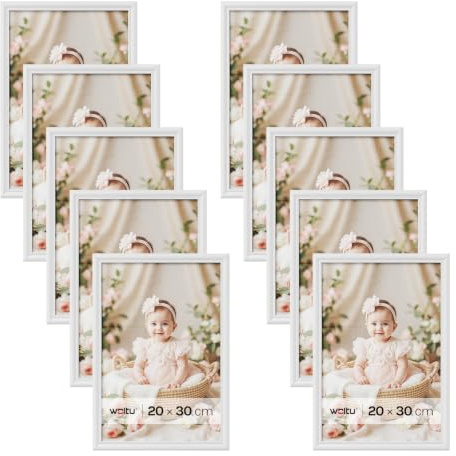 WOLTU Bilderrahmen 20x30, 10er set, Massivholz Fotorahmen mit Passepartout | Weiß, Front aus PS-Platte, Posterrahmen zum vertikalen oder horizontalen Aufhängen und Aufstellen, Collage Wanddeko