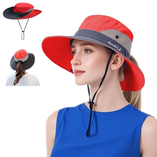 WITERY Women's Sun Hats UPF 50+ Ladies Wide Brim Sun Hat with Back Hole for Pony Tail Adjustable for Big Heads UV Protection Hats Breathable Packable Bucket Hat with Chin String