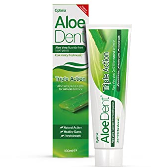 AloeDent Dentifricio Triplo Azione all’Aloe Vera Senza Fluoro, Azione Naturale, Vegano, Non testato sugli animali, Senza SLS, CoQ10, Gengive Sane, 100ml