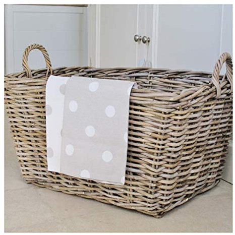 Large Wicker Log Storage Basket with Handles Grey Buff Rattan