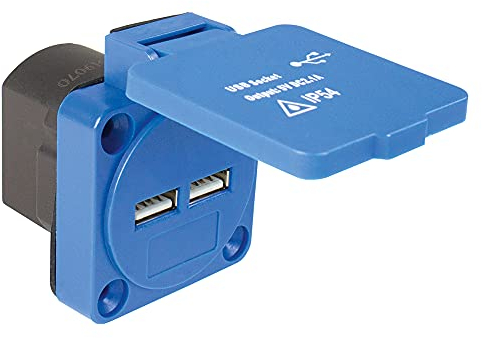 as - Schwabe - Toma de corriente incorporada con 2X tomas de corriente -Tensión de entrada 230V y puertos USB 5 V / 2,1 A - Para uso exterior e interior - Con tapa - IP54 - Azul