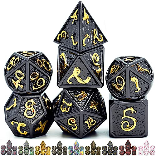 World of Dice Metallwürfel-Set Drachenwürfel - Schwarz Gold - Pen & Paper Würfel-Set aus Metall, 7-teiliges polyedrisches Set, für Dungeons and Dragons, DSA, Cthulhu, UVM.