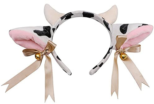 Plush Cow Headband Animals Ears Headband Bells Bow Cow Ears and Horns Hair Hoop Hairband Fancy Dress Cosplay Party Costume Ears Headwear Multicolor
