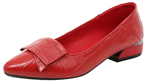 Jamron Womens Pointed Toe Block Heel Checkered Leather Pumps Shoes Soft Sole Ballerinas