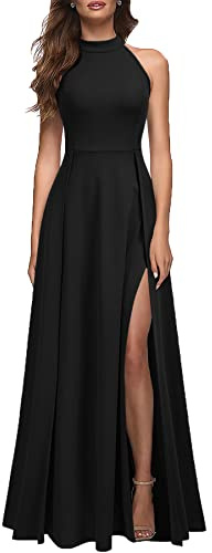 MUSHARE Women's Halter Neck Sexy Split Cocktail Party Maxi Long Formal Dress Black