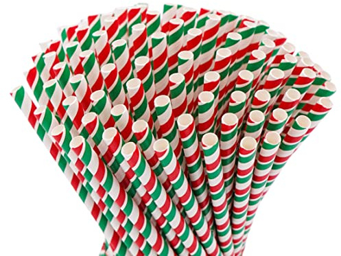 Lot de 100 pailles en papier longues au design italien, 23 cm de long, 7 mm de diamètre, paille, drapeau italien, tricolore, biodégradable, respectueuses de l'environnement, jetable (longue)