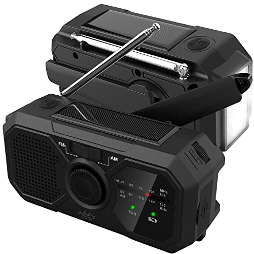 infactory Kurbelradios: 2er-Set Solar- & Dynamo-Kurbel-Radio, LED, SOS, Powerbank-Funktion (Kurbelradio Solar, Camping Radio, Kopfhörer Kabel)