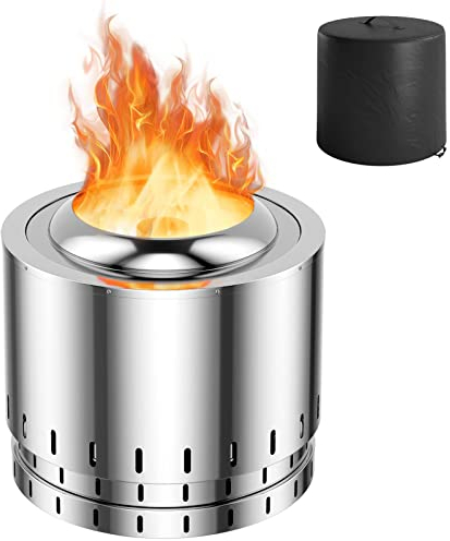 COSTWAY Smokeless Fire Pit, 49 x 43cm Portable Stainless Steel Wood Burning Firepit with Waterproof Cover & Oxygen-enriched Fire Technology, Outdoor Stove Bonfire Firepit Bowl (Silver)