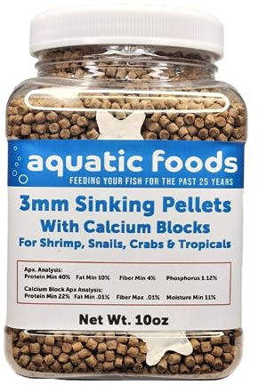 Aquatic Foods Inc. Calcium Shells Included in These 40% Protein 3mm Sinking Pellets for Shrimp, Snails, Crabs, Catfish, Plecos for All Tropical Fish. Pellets by Zeigler...10oz Small Jar