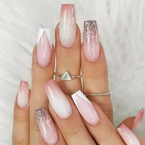 Angwis 24pcs Long Coffin False Nails Pink Ombre Stick on Nails V-french Tip Press on Nail with Glitter Sequin Design Removable Glue on Acrylic Full Cover Fake Nail Art Accessories for Women