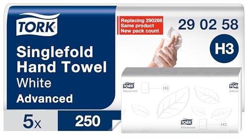 Tork Soft Singlefold Paper Hand Towels White H3, Toallas plegadas avanzadas para dispensadores comerciales, absorbentes, resistentes al desgarro, 2 capas, 5 x 250, 290258