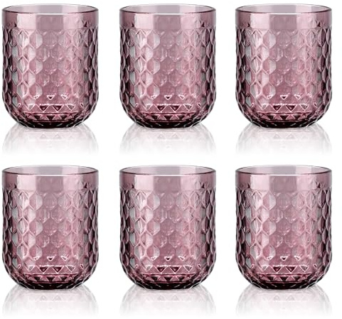 Joeyan 200ml klein Violett Trinkgläser Set von 6,Bunt Wassergläser Set mit Diamant Geprägtem Design,Vintage Gläser Set for Zuhause Restaurant Bar,Spülmaschinenfest