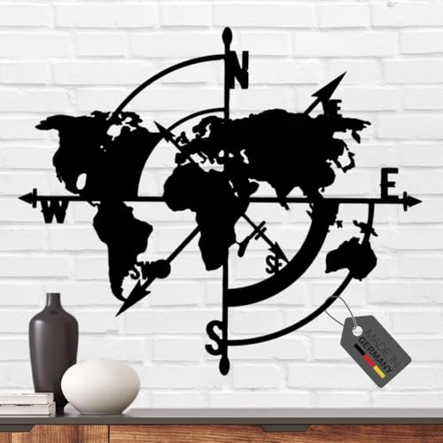 Terma Stahldesign Wanddeko Kompass 75 cm schwarz XXL Weltkarte Made in Germany Bild Dekoration Metall Rose Natur Wanddekoration Deko Metall Wand Bild Deko Wohnzimmer Wandbild Schlafzimmer Industrial