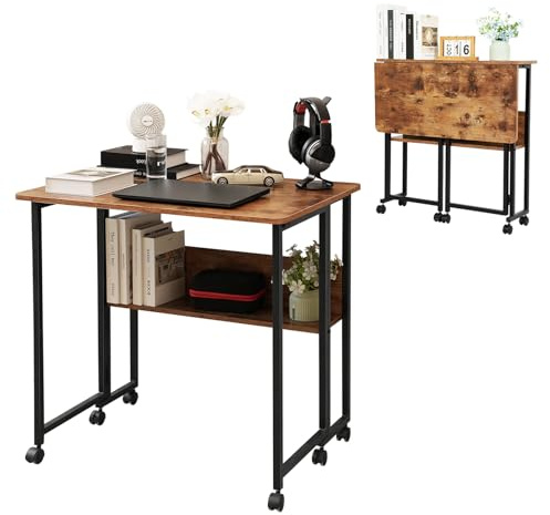 Schreibtisch Klappbar Klein, Klappschreibtisch mit Rollen 80cm Breit, Kleiner Cmputertisch mit Regal, Faltbar Klapptisch Arbeitstisch für Home Office, Platzsparend, Industrie Design (Retro Farbe)