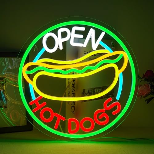 Ineonlife Neonskyltar med open hot dogs för väggdekor, neonljus för restaurang, dimbara LED-affärsskyltar för snabbköp, julfestpresent, vägghängande dekorativa ljus, 5 V/2 A, USB-anslutning