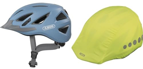ABUS Stadthelm Urban-I 3.0 - Fahrradhelm mit Rücklicht, Schirm und Magnetverschluss & Regenkappe für Helme - Regenschutz mit dekorativen Reflektoren und Gummizug - wasserabweisend – Gelb