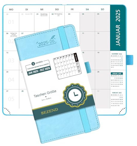 BEZEND 2 Jahres Kalender 2025 2026, Terminplaner 16,8 x 9,7 cm, 1 Monat auf 2 seiten von Jan 2025 bis Dez 2026, PU-Leder Hardcover Monatsplaner mit Innentasche - Himmelblau