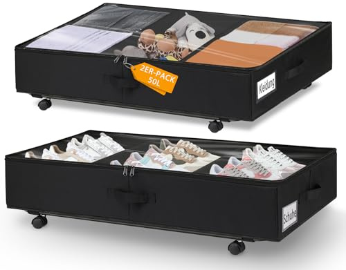 Huquter Contenitore Sottoletto con Ruote, 50L Grandi Contenitori Sottoletto con Divisori, 2 Pezzi Scatole per Vestiti con Coperchio e Cerniere, Cassettiera con Ruote per Vestiti Scarpe Libri