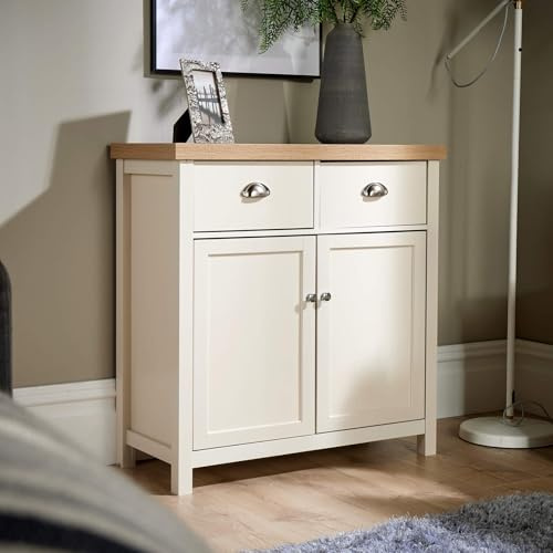 Home Source 2 Door 2 Drawer Sideboard Storage Cupboard with Metal Handles, Oak Effect, White