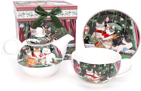 Christmas Concepts® Gamma di stoviglie in ceramica Deluxe a tema Festive Cat - Set da tè con teiera, tazza e piattino, in confezione regalo decorativa coordinata