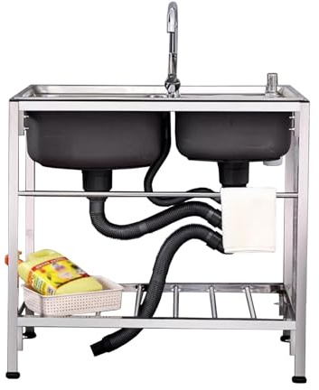 Évier commercial à 2 compartiments, Évier de cuisine à double cuve en acier inoxydable avec étagère et robinet, Évier utilitaire autoportant, Lavabo pour le lavage des mains pour garage, café