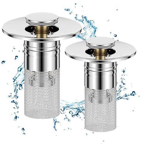 Lot de 2 bouchons de vidange d'évier de salle de bain américains de rechange universels, bonde pop-up pour évier de salle de bain avec panier filtrant en acier inoxydable, filtre à cheveux, filtre