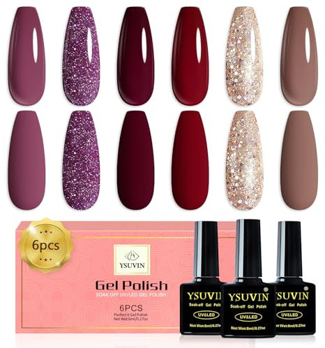 YSUVIN Semipermanente Unghie, 6 Colori Rosso Scuro Bordeaux Marrone Glitter Champagne Oro Brillante Viola Autunno Inverno Smalto Semipermanente Soak Off UV/LED DIY Nail Art Salone, 8 ML