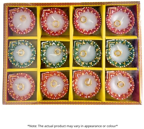 Edles Diwali/Deepavali Wachs-Diya-Set (Packung mit 12) – Lebendige Dekorative Diyas mit Wachskerzen-Mittelstück – Perfekt für Diwali, Festliche Dekoration, Religiöse Zeremonien – Hergestellt in Indien