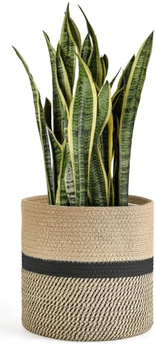 Dahey Jute Rope Plant Basket Modern Woven Storage Basket for 10.5 Indoor Planter, Decorative Flower Pots Cover Laundry Bin with Handle Rustic Home Decor, Black | Fits 8-10 Planters, Reinforced Structure, Foldable No Liner Bin with Handles, Jute Cotton Rope, Decorative Flower Pot Cover