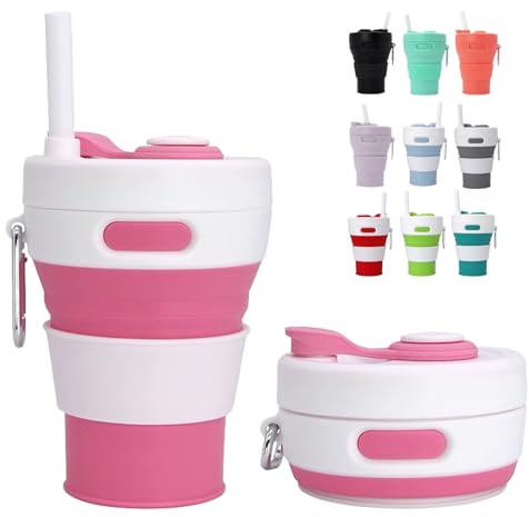 MORAINJAY Collapsible Coffee Cup with Lids,15oz/450ml Pink Silicone Portable Reusable Coffee Mug,Foldable Camping Travel Cup Fits in Your Pocket(Collapses to 6cm)