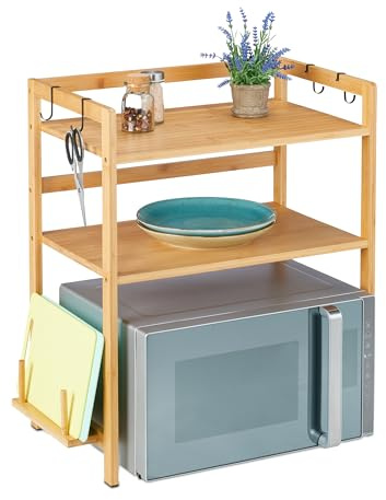 Relaxdays Mikrowellen Regal, HxBxT: 67 x 61 x 35 cm, Bambus, 2 Ebenen, Bretthalter, 4 Haken, Küchenregal stehend, Natur