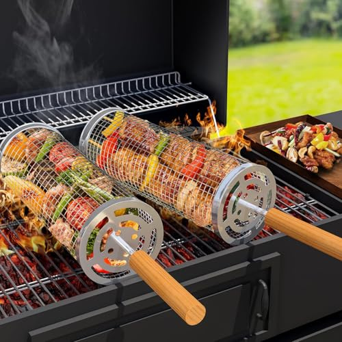 2 Pack Rolling Grill Basket with Hinged Locking Lid,304 Stainless Steel,Grill Baskets For Outdoor Grill,Vegetable Grill Basket,Perfect Grilling Gifts and Accessories,3.93x12inch