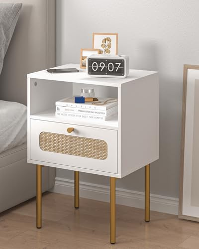 JERX Nachttisch Moderner mit Aufbewahrungsschublade und offenem Holzregal, Kleiner Beistelltisch mit Rattan-Verzierungsfront und Goldrahmen, Für Wohnzimmer, Schlafzimmer (Weiß)
