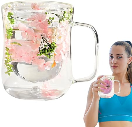 Tazas de flores estéticas - taza de vidrio transparente resistente al calor, taza de pared doble con diseño de flores secas | Elegante taza de café para capuchino, taza de vidrio para