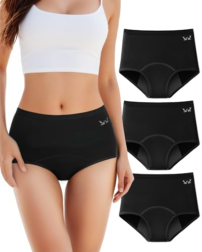 TANSTC Perioden Unterwäsche Frauen Starke 60ML Strömungsabsorption Periodenunterschwäsche Unterhosen Damen Baumwolle Menstruationsunterwäsche Menstruation Slip Panties, Schwarz 3er Pack XS