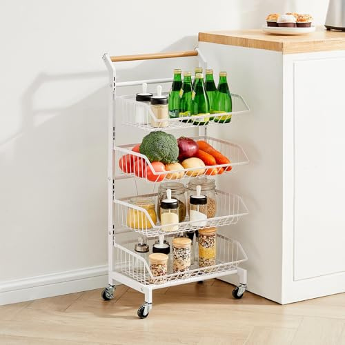 TUKAILAI Gemüseregal für Küche, Aufbewahrungswagen KüchenWagen Mit Abschließbare Rollen und Holzgriff, 4 Etagen Abnehmbar Obstkorb Gemüse Aufbewahrung Korbregal für Badezimmer, Küche, Büro (weiß)