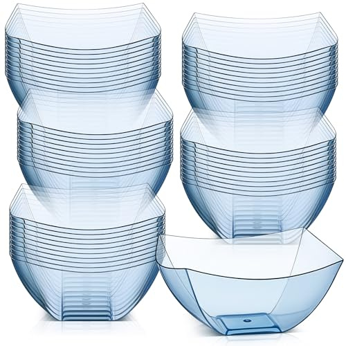Tanlade 50 Pcs Square Plastic Serving Bowls Disposable Snack Salad Bowl Small Party Candy Bar Containers Taco Bar Serving Dishes for Buffet Chips Fruit (8 oz,Blue)