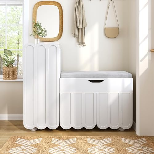 Merax Schuhschrank mit Sitzbank, Schuhbank mit Stauraum, 3 Stauraumtüren und 1 Schublade, gepolsterter Sitz, für Eingang, Flur, Wohnzimmer, Schlafzimmer, Gardero, Weiß, B90/T35/H74.5 cm