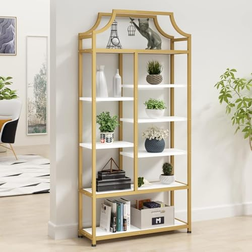 8-Tier Open Shelf Bookcase, 70.87H x 31.5L Lux Etagere Bookshelf, Modern Display Shelf with Gold Metal Frame & White Shelves,Tall Storage Display for Bedroom, Home Office & Living Room (Gold)