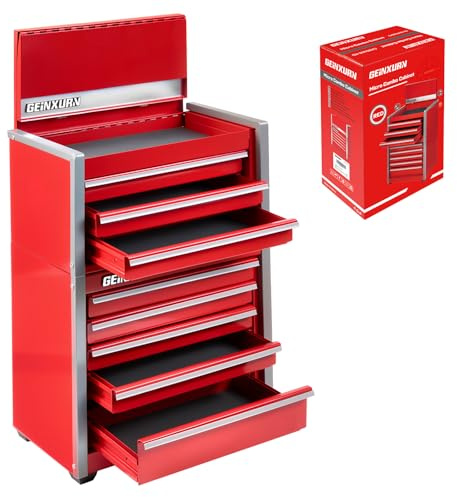 Geinxurn Mini Tool Box 3 Drawer Micro Top Chest and 5 Drawer Micro Roll Cab with Magnetic Locking Stackable Portable Hand Carry Tool Cases for Tools Storage (Red)