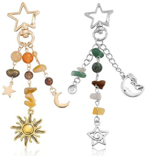 2PCS Star and Moon Keychain,Gold Silver Metal Sun Moon Phone Charms Keychain For Women Girls, Crystal Beads Boho Hippie Cute Handbag Accessories, Y2K Aesthetic Accessories