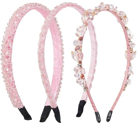 3 Stück Strass Haarreif, Dirndl Trachten Haarschmuck Glitzer Haarband Kopfbedeckungen Edelstein Haarreif Damen Prinzessin Haarreifen Frisurenhilfe, für Party Geburtstag Hochzeit (Rosa)