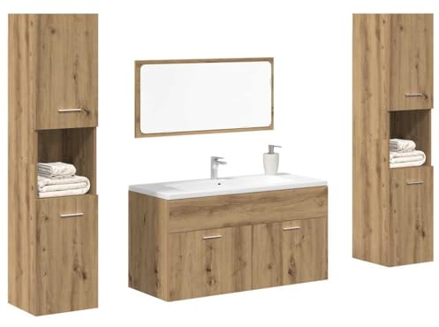 IBUQDDV Mobile Lavello Bagno con Specchio e Doppio Mobiletto Rovere Artigianale, Truciolato Resistente all'Umido, Piano Appoggio con Foro Lavandino, Ampio Spazio Portaoggetti e Anta