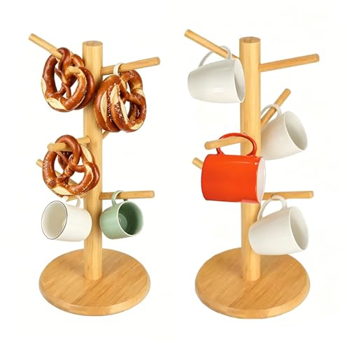 DYHNQE 2 Stück Hölzerne Tassenständer, 34x18cm Kaffeetassenständer Dickerer Boden Brezelständer Stehend Kaffeebecher mit 6 Haken Baumbecherhalter für Partys Zuhause Küchenschrank Küche