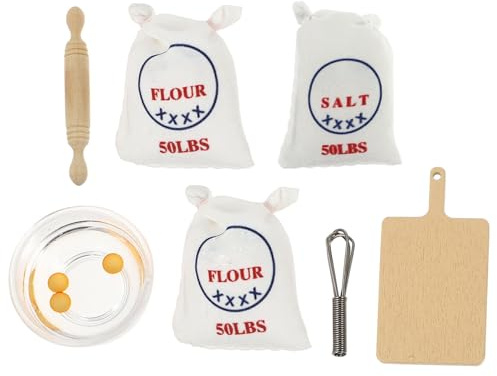 ERINGOGO Miniature Kitchen Pretend Set, 7pcs Mini Food Model Rolling Pin, Flour Bag, Whisk and Dough Roller, Dollhouse Cooking Accessories for Pretend Play and Mini Landscape Decor