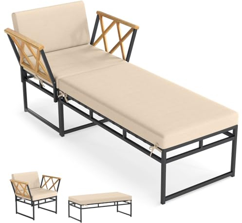 COSTWAY Sonnenliege, Gartenliege mit Kissen & Armlehnen aus Akazienholz, Sessel mit Hocker, freie Kombination, Liegestuhl für Garten, Balkon, Terrasse