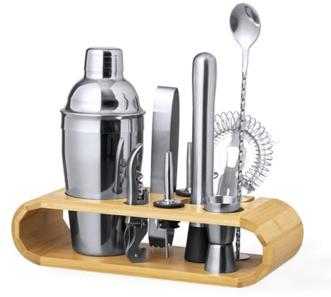 Set cocktail Barman in acciaio inox set da 9 pezzi : shaker,mortaio,misurino,pinza,colino,cucchiai e cavatappi