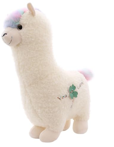 JORCEDI Alpaka Kuscheltier, süße Stand Alpaka Plüschtier mit Regenbogen Mähne und vierblättrigem Kleeblatt, Weiches Lama Kissen, Geschenk für Kinder Mädchen Jungen (28 cm)