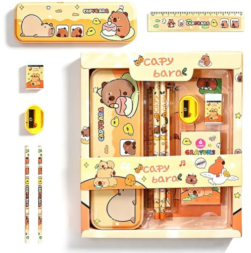 VorPrillynt Capibara Papelería, Capybara Stationery, Juego de Papelería con Patitas de Capibara, Estuche,Regla,Lápiz,Cuaderno,Goma de Borrar,Sacapuntas